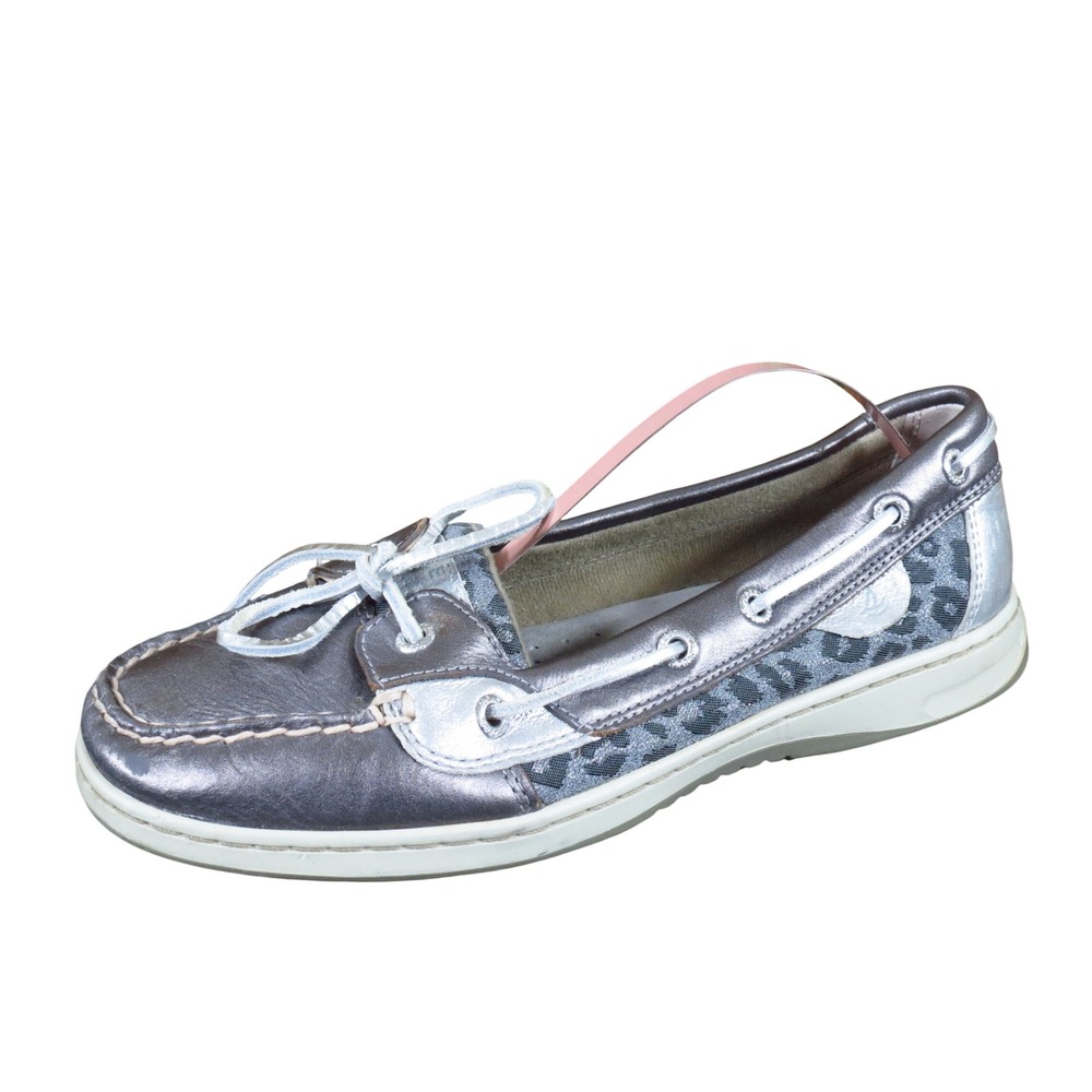 Sperry Angelfish Women Boat Shoe Size 8M Boating Metallic Pewter Silver Leopard